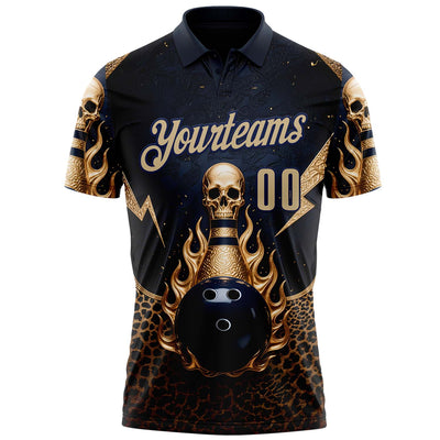 Custom Navy Vegas Gold 3D Leopard Print Metal Skull Bowling Performance Polo Shirt