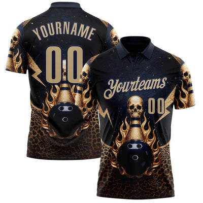 Custom Navy Vegas Gold 3D Leopard Print Metal Skull Bowling Performance Polo Shirt