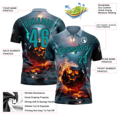 Custom Blue Teal-Black 3D Flame Skull Bowling Performance Polo Shirt