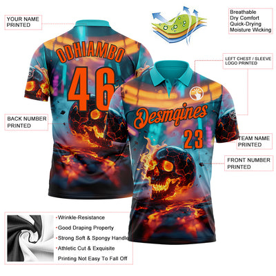 Custom Aqua Orange-Black 3D Flame Skull Bowling Performance Polo Shirt