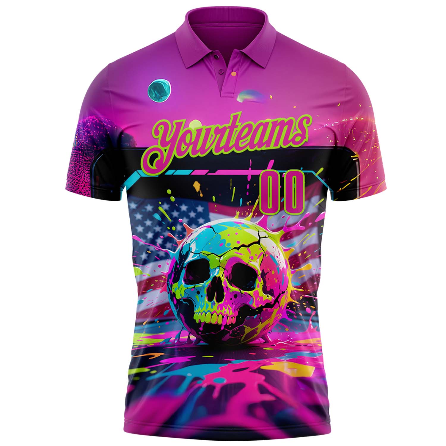 Custom Deep Pink Neon Green 3D American Flag Graffiti Splash Skull Bowling Performance Polo Shirt