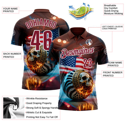 Custom Brown Crimson-White 3D American Flag Flame Skull Bowling Performance Polo Shirt