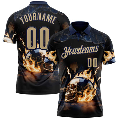 Custom Navy Vegas Gold 3D Flame Skull Bowling Performance Polo Shirt