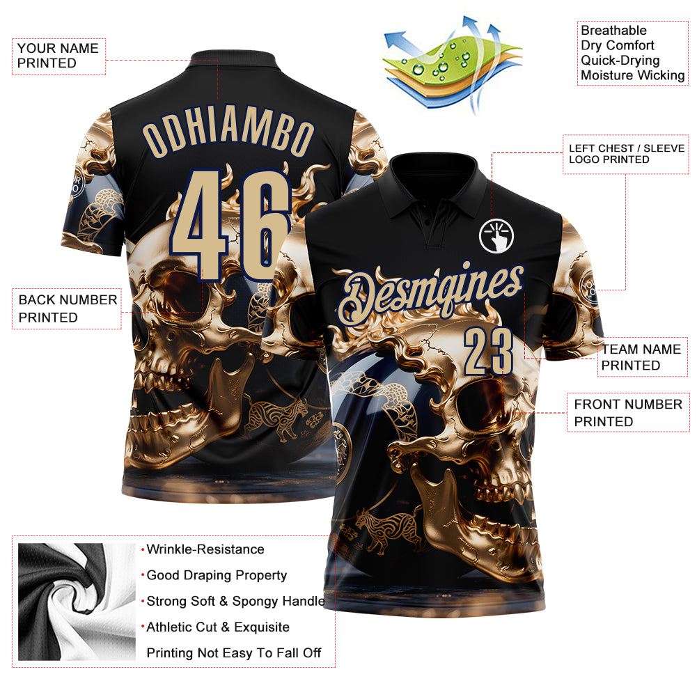 Custom Navy Vegas Gold 3D Metal Skull Bowling Performance Polo Shirt
