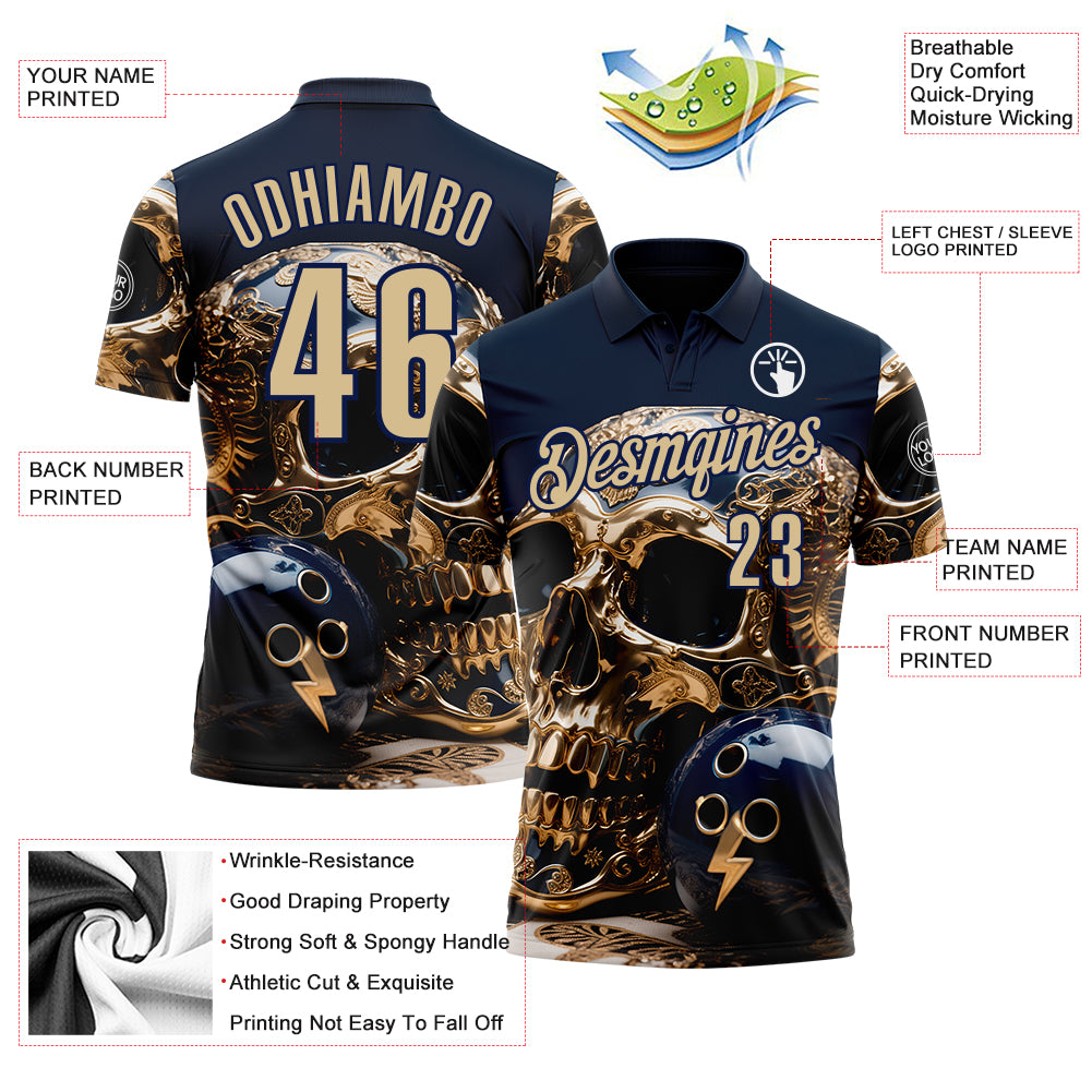 Custom Navy Vegas Gold 3D Metal Skull Bowling Performance Polo Shirt