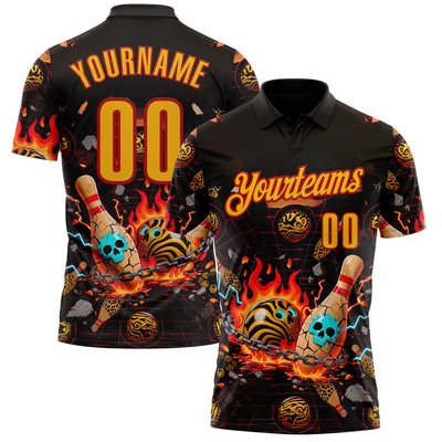 Custom Black Gold-Red 3D Flame Skull Bowling Performance Polo Shirt