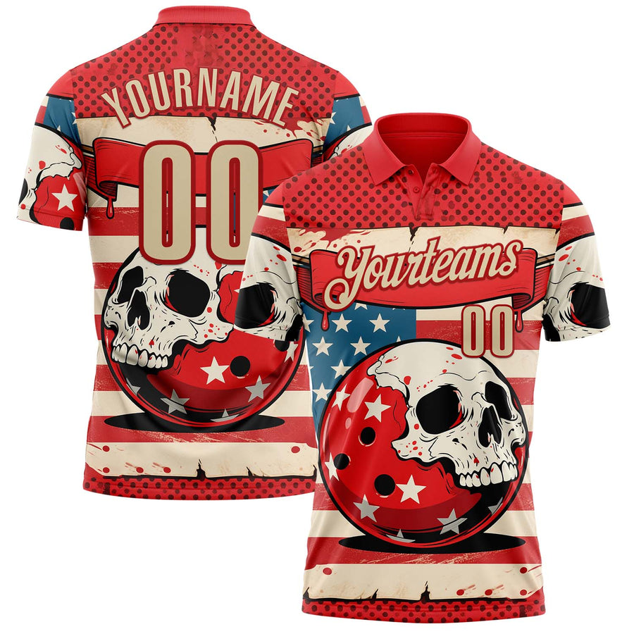 Custom Red Cream 3D Retro American Flag Skull Bowling Performance Polo Shirt