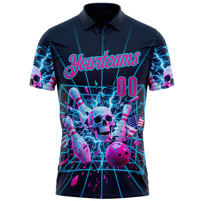 Custom Navy Deep Pink-Lakes Blue 3D American Flag Splash Lightning Skull Bowling Performance Polo Shirt