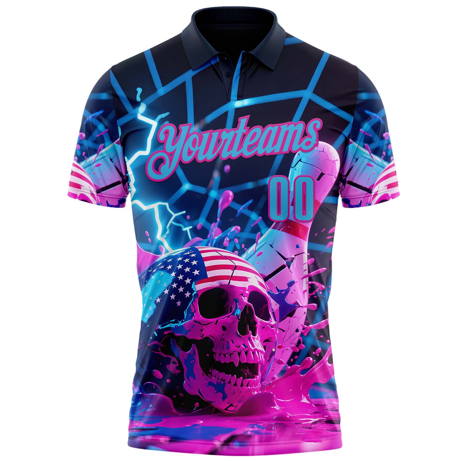 Custom Navy Sky Blue-Deep Pink 3D American Flag Splash Lightning Skull Bowling Performance Polo Shirt