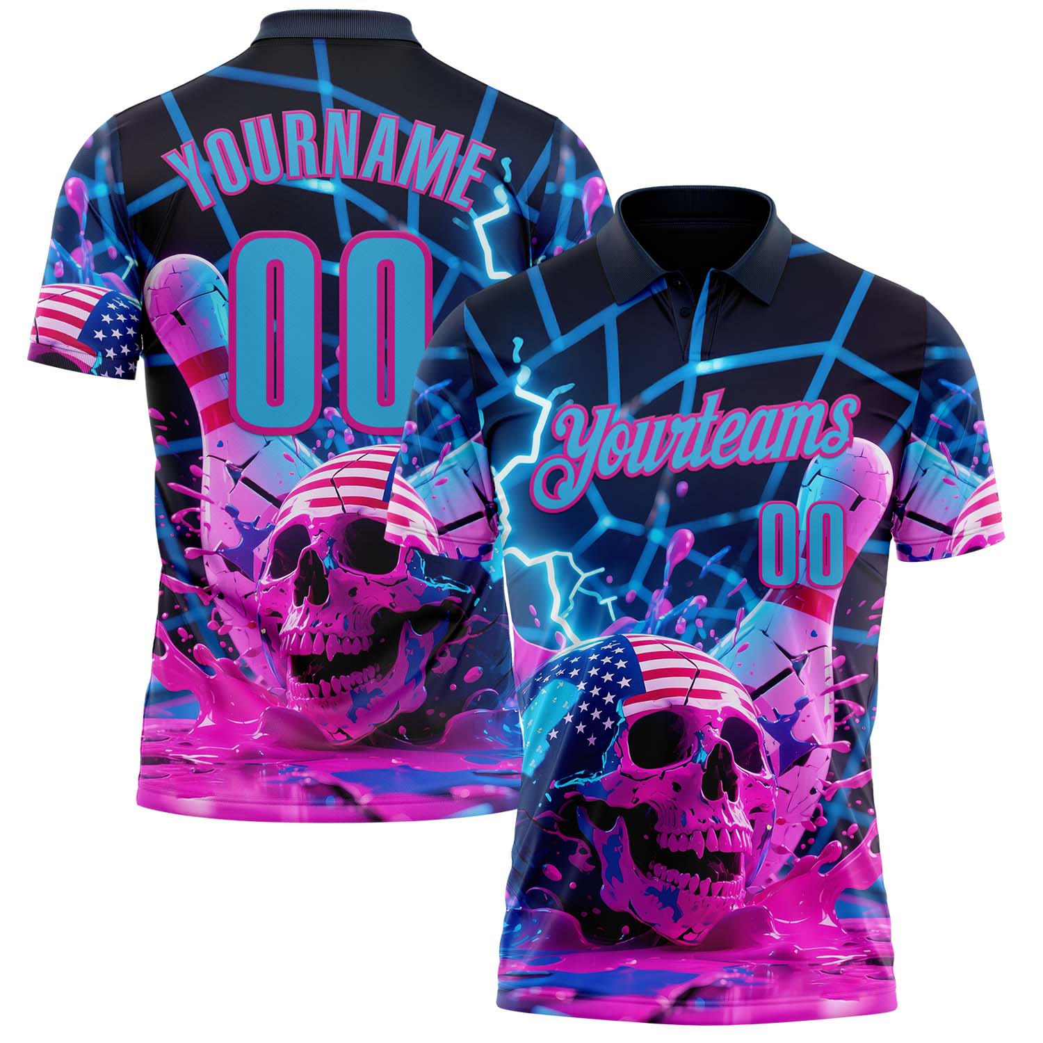 Custom Navy Sky Blue-Deep Pink 3D American Flag Splash Lightning Skull Bowling Performance Polo Shirt