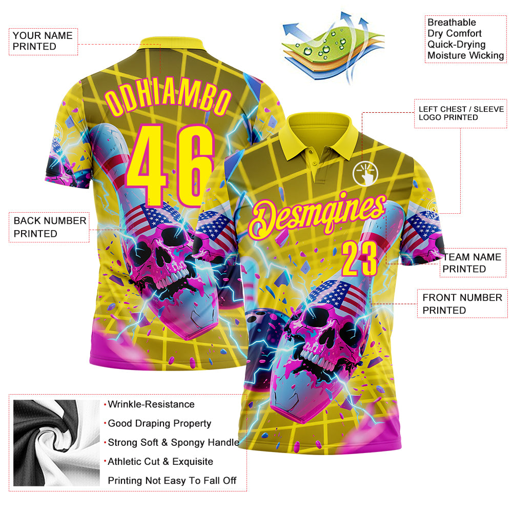 Custom Gold Light Yellow-Deep Pink 3D American Flag Splash Lightning Skull Bowling Performance Polo Shirt