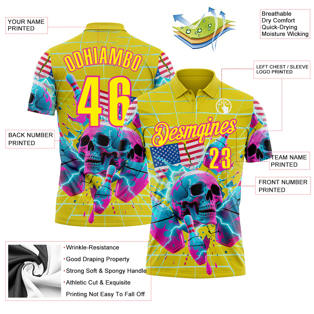 Custom Gold Light Yellow-Deep Pink 3D American Flag Splash Lightning Skull Bowling Performance Polo Shirt
