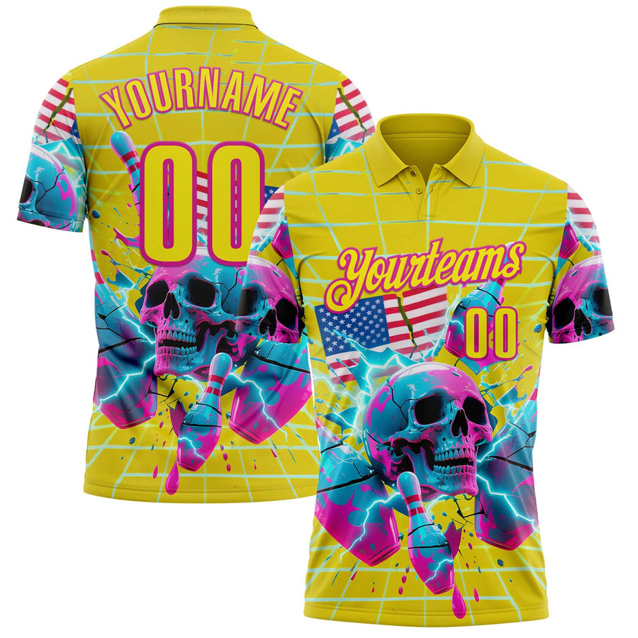 Custom Gold Light Yellow-Deep Pink 3D American Flag Splash Lightning Skull Bowling Performance Polo Shirt