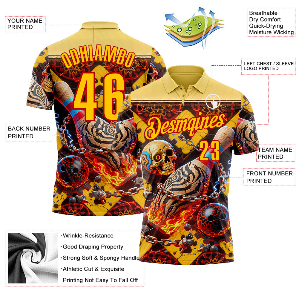 Custom Gold Yellow-Red 3D Flame Skull Bowling Performance Polo Shirt