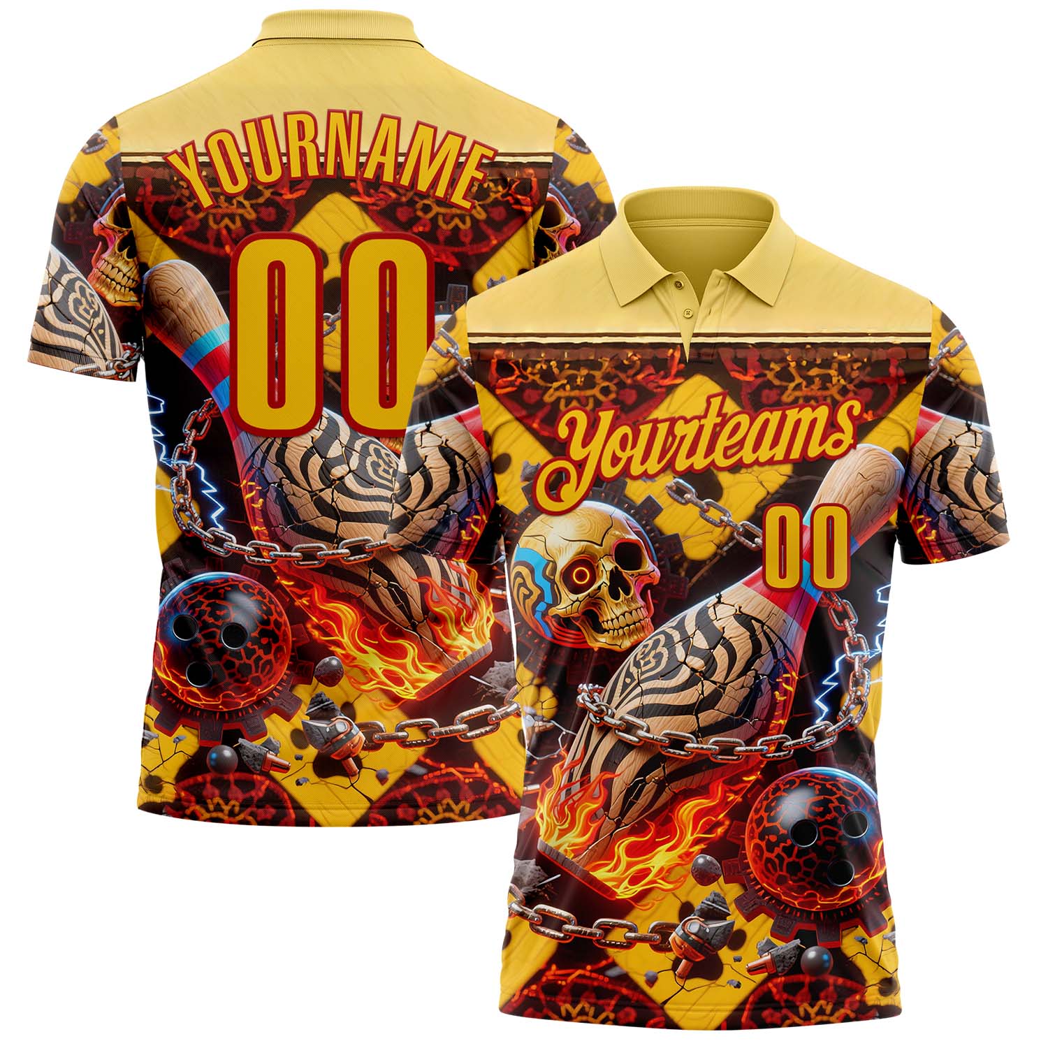Custom Gold Yellow-Red 3D Flame Skull Bowling Performance Polo Shirt