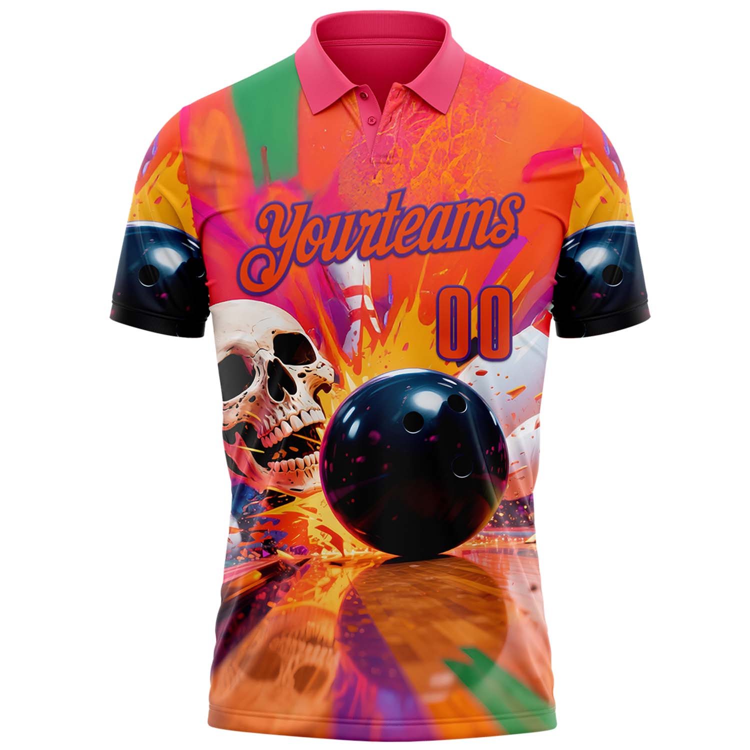 Custom Orange Purple 3D Splash Skull Bowling Performance Polo Shirt