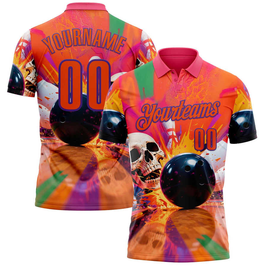 Custom Orange Purple 3D Splash Skull Bowling Performance Polo Shirt