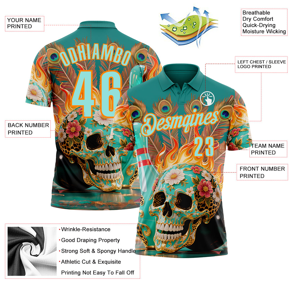 Custom Blue Ice Blue-Bay Orange 3D Peacock Flame Skull Bowling Performance Polo Shirt