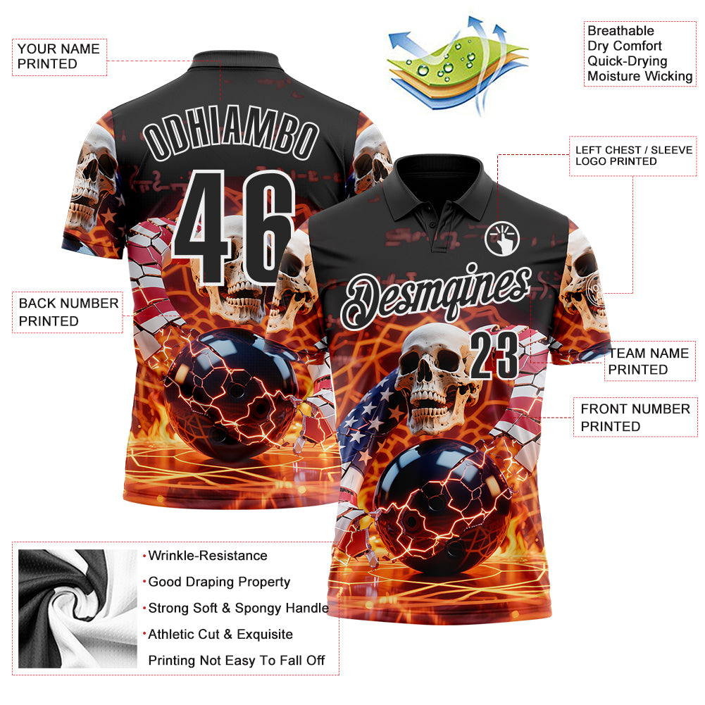 Custom Black White 3D American Flag Flame Lightning Skull Bowling Performance Polo Shirt