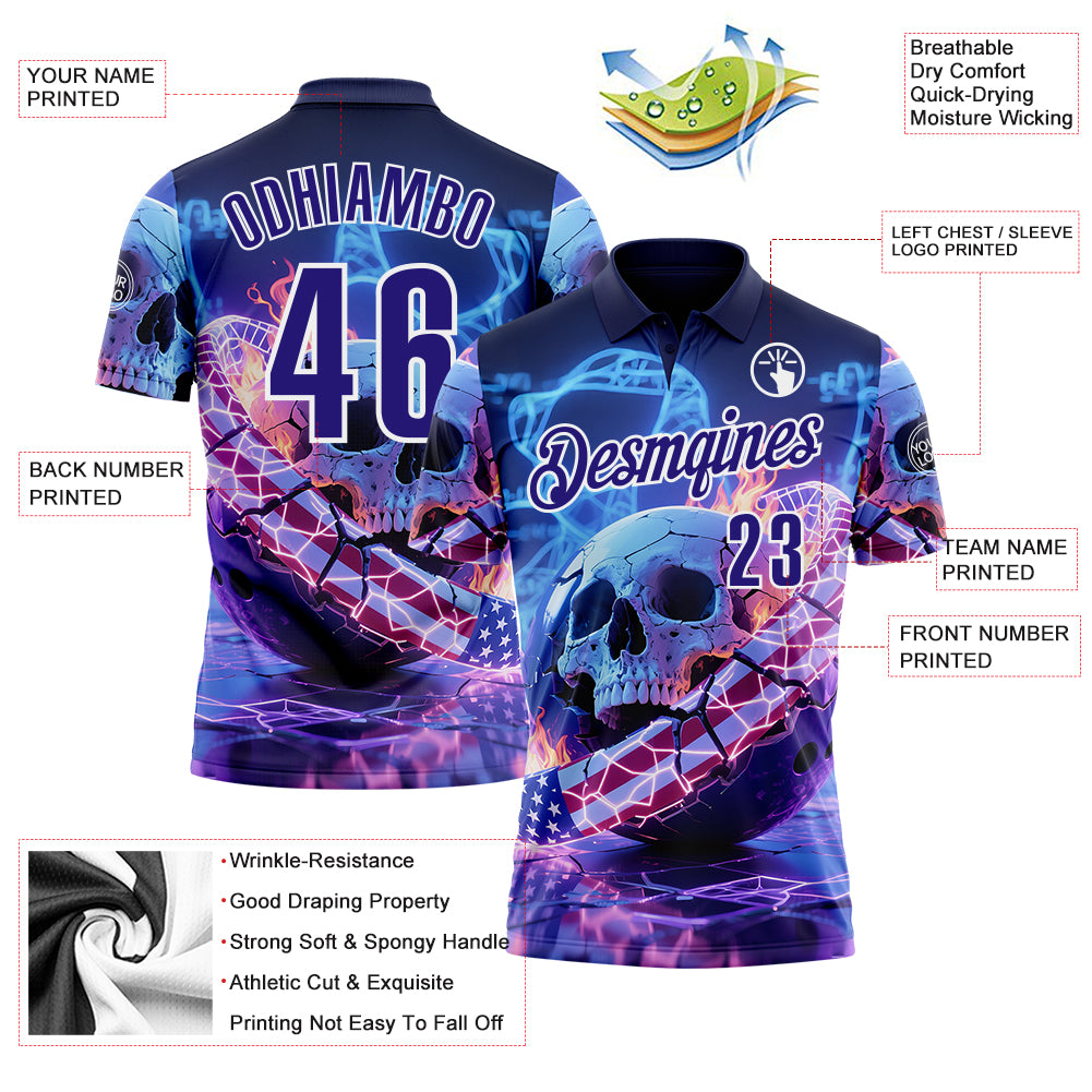 Custom Navy Dark Purple-White 3D American Flag Flame Lightning Skull Bowling Performance Polo Shirt