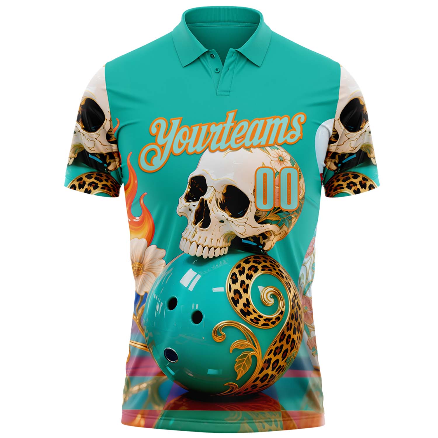 Custom Blue Ice Blue-Bay Orange 3D Floral Leopard Print Flame Skull Bowling Performance Polo Shirt