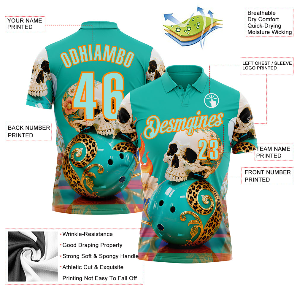 Custom Blue Ice Blue-Bay Orange 3D Floral Leopard Print Flame Skull Bowling Performance Polo Shirt
