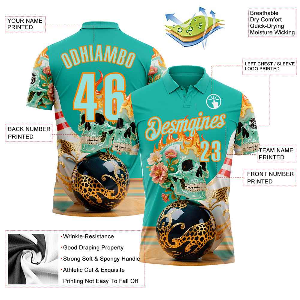 Custom Blue Ice Blue-Bay Orange 3D Floral Leopard Print Flame Skull Bowling Performance Polo Shirt