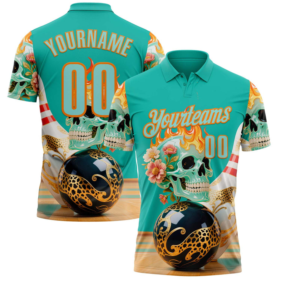 Custom Blue Ice Blue-Bay Orange 3D Floral Leopard Print Flame Skull Bowling Performance Polo Shirt
