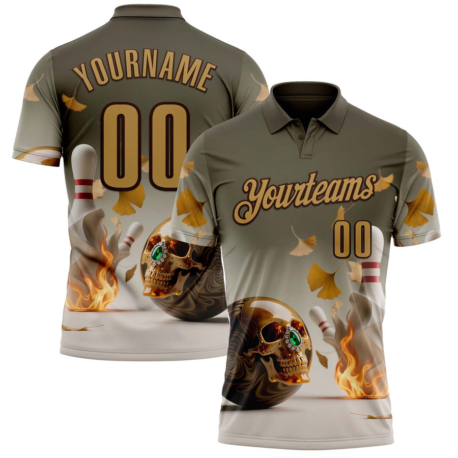 Custom Gray Old Gold-Brown 3D Flame Gem Skull Bowling Performance Polo Shirt