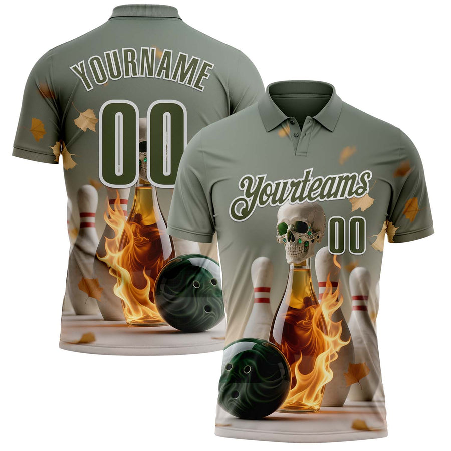 Custom Gray Olive-White 3D Flame Gem Skull Bowling Performance Polo Shirt