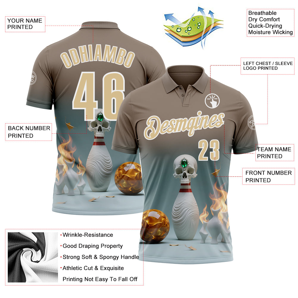 Custom Gray Vegas Gold-White 3D Flame Gem Skull Bowling Performance Polo Shirt