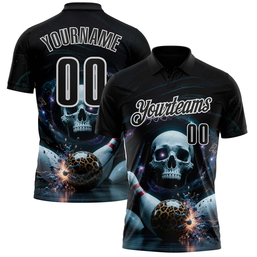 Custom Black White 3D Galaxy Leopard Print Skull Bowling Performance Polo Shirt