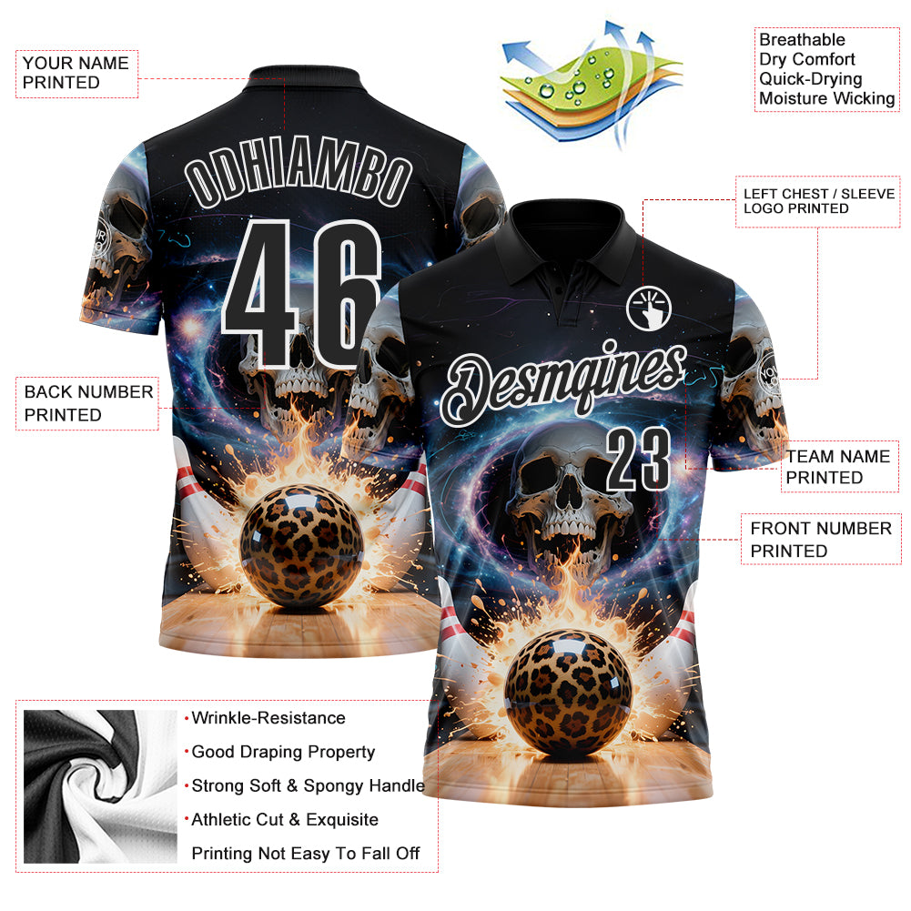 Custom Black White 3D Galaxy Splash Leopard Print Skull Bowling Performance Polo Shirt