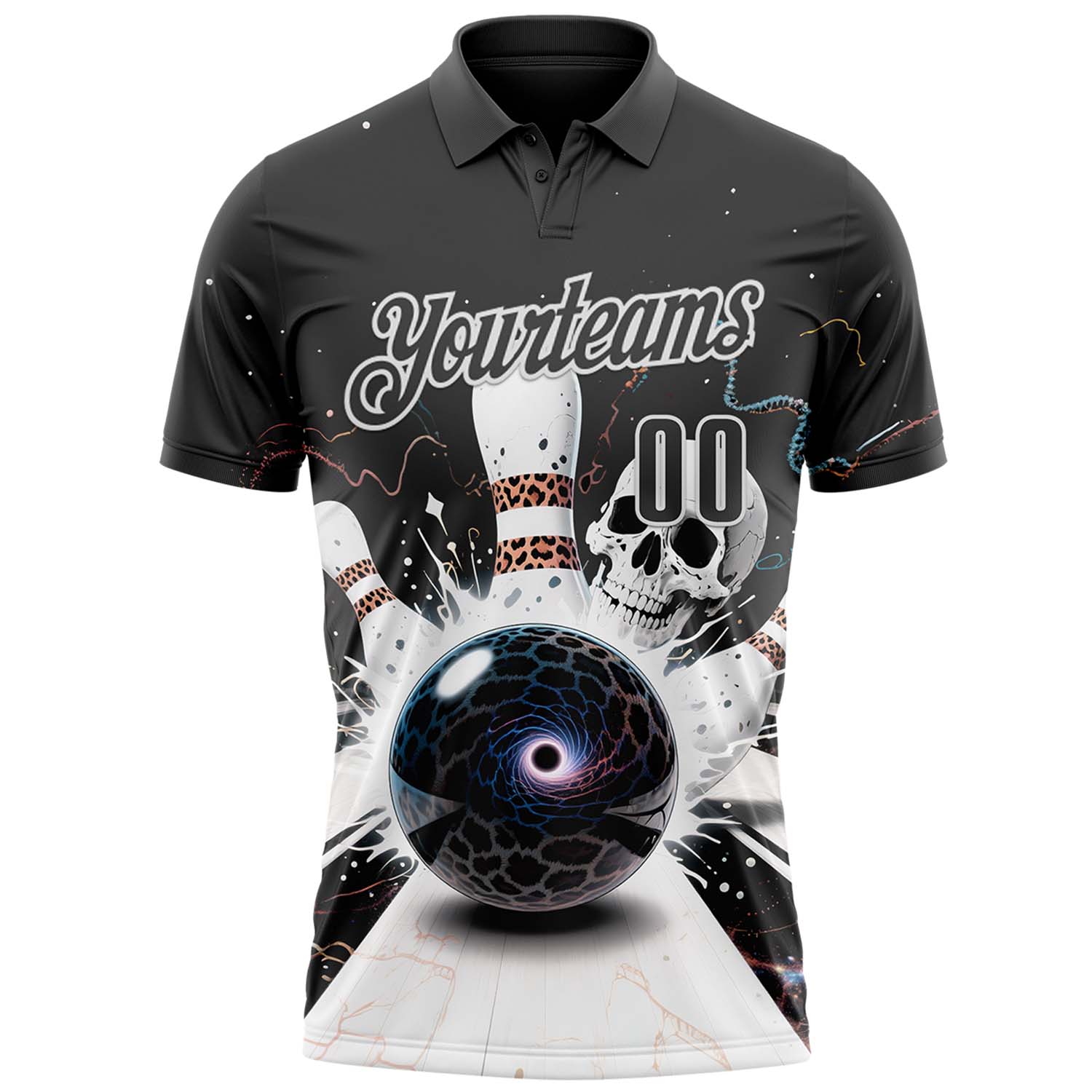 Custom Steel Gray White 3D Galaxy Leopard Print Skull Bowling Performance Polo Shirt