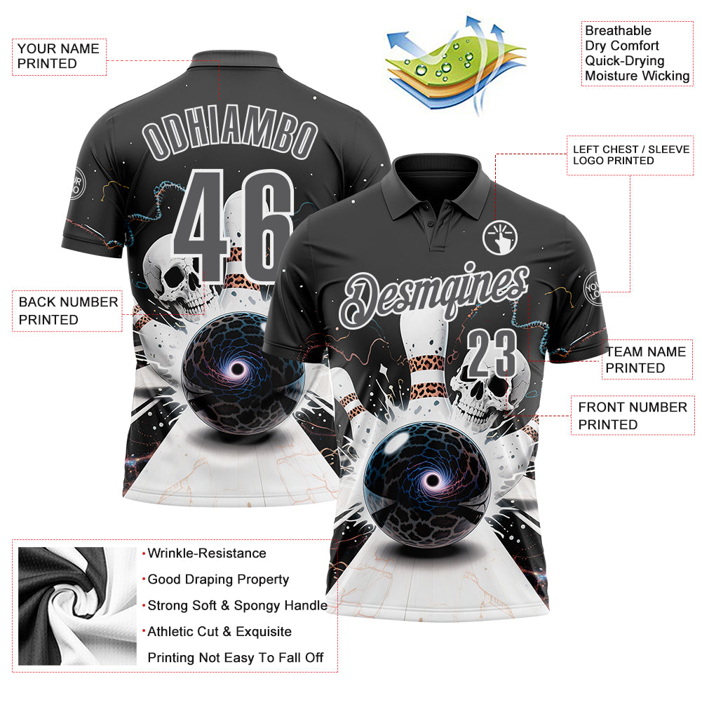 Custom Steel Gray White 3D Galaxy Leopard Print Skull Bowling Performance Polo Shirt