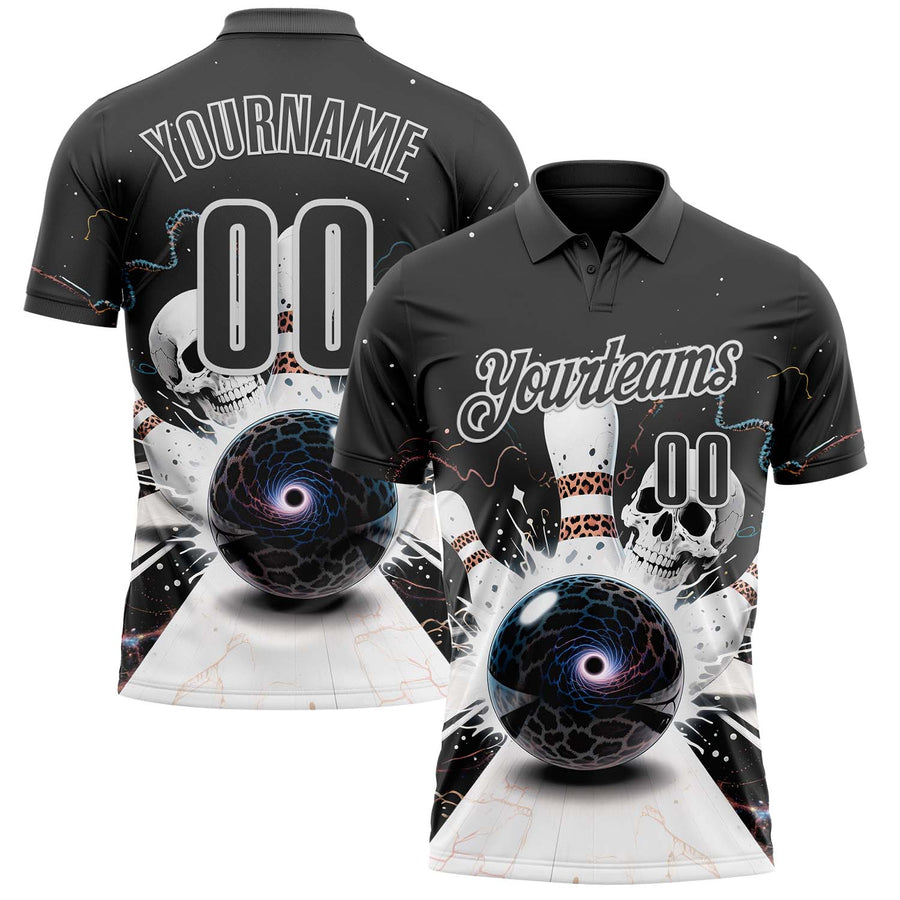 Custom Steel Gray White 3D Galaxy Leopard Print Skull Bowling Performance Polo Shirt