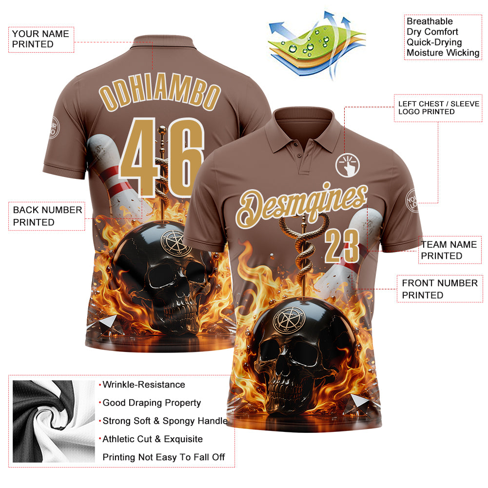 Custom Brown Old Gold-White 3D Flame Skull Bowling Performance Polo Shirt