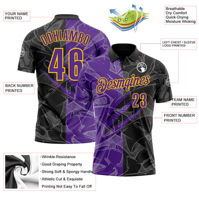 Custom Graffiti Pattern Purple Black-Yellow 3D Scratch Performance Polo Shirt
