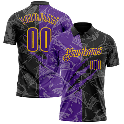 Custom Graffiti Pattern Purple Black-Yellow 3D Scratch Performance Polo Shirt