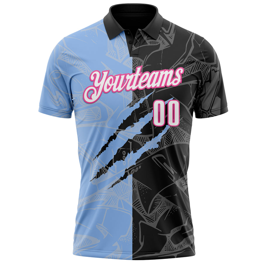 Custom Graffiti Pattern White Black Light Blue-Pink 3D Scratch Performance Polo Shirt