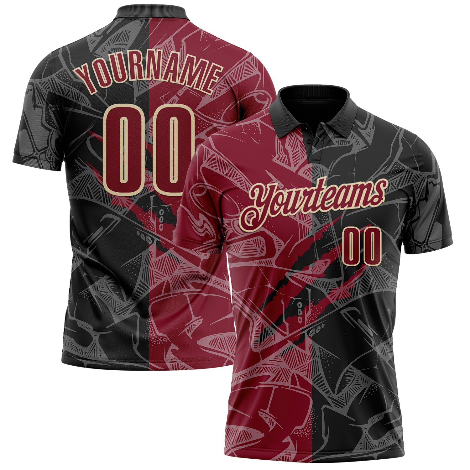 Custom Graffiti Pattern Crimson Black-Cream 3D Scratch Performance Polo Shirt