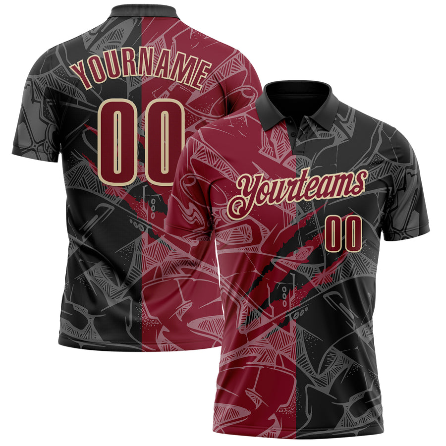 Custom Graffiti Pattern Crimson Black-Cream 3D Scratch Performance Polo Shirt