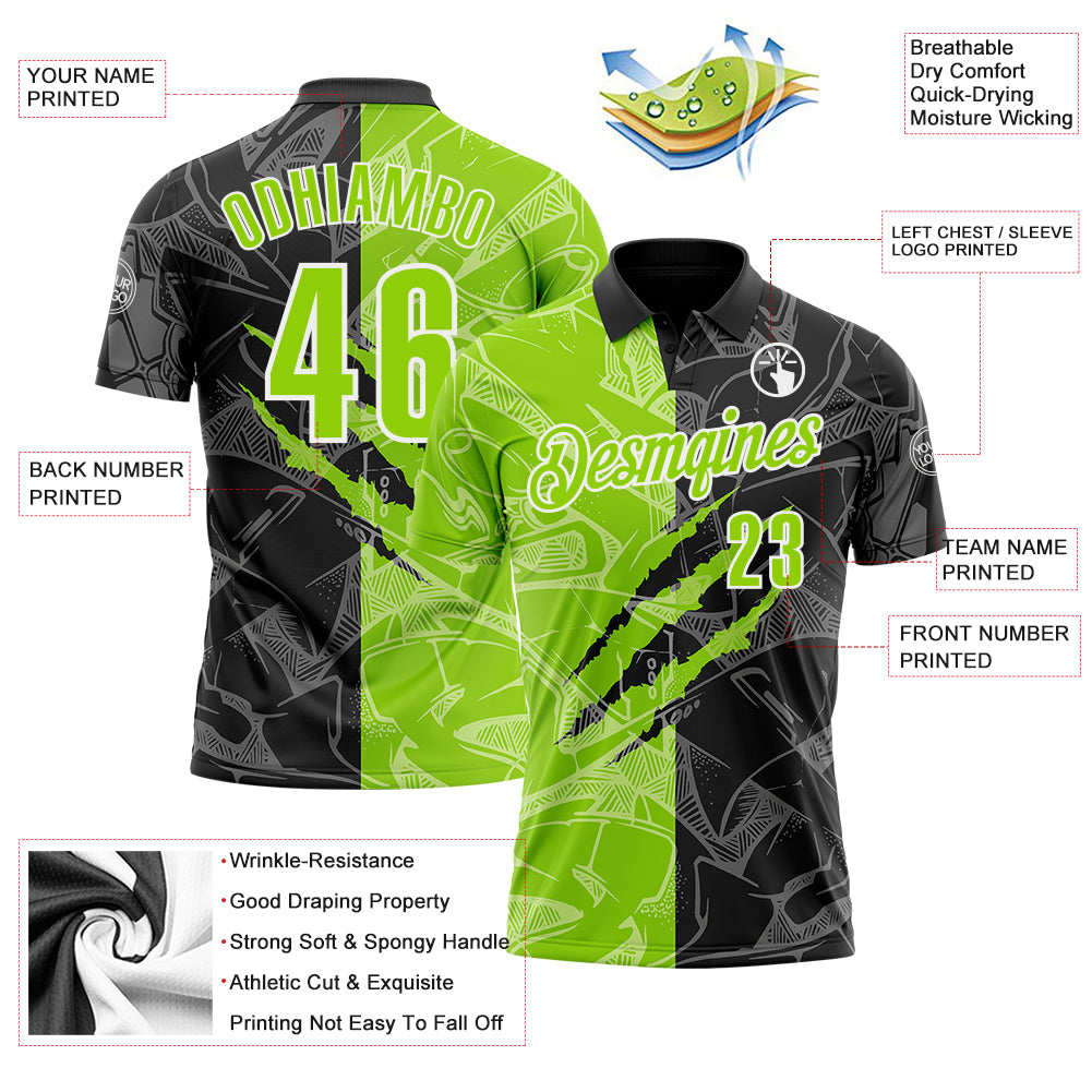 Custom Graffiti Pattern Neon Green Black-White 3D Scratch Performance Polo Shirt