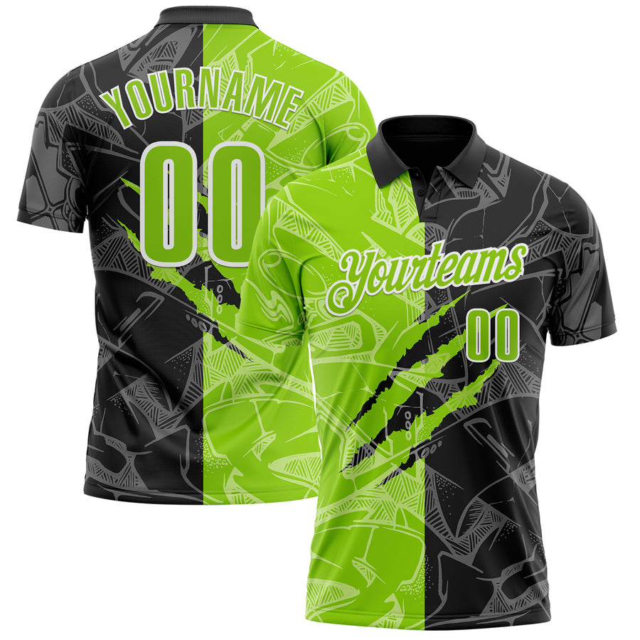 Custom Graffiti Pattern Neon Green Black-White 3D Scratch Performance Polo Shirt