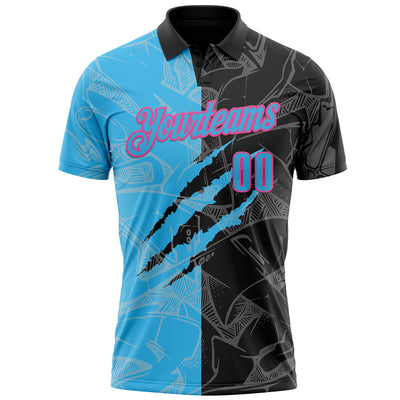 Custom Graffiti Pattern Sky Blue Black-Pink 3D Scratch Performance Polo Shirt