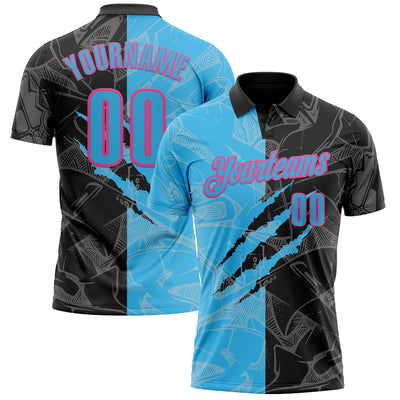 Custom Graffiti Pattern Sky Blue Black-Pink 3D Scratch Performance Polo Shirt