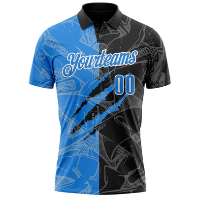 Custom Graffiti Pattern Electric Blue Black-White 3D Scratch Performance Polo Shirt
