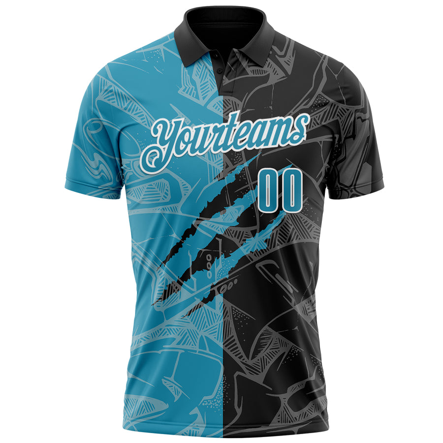 Custom Graffiti Pattern Panther Blue Black-White 3D Scratch Performance Polo Shirt