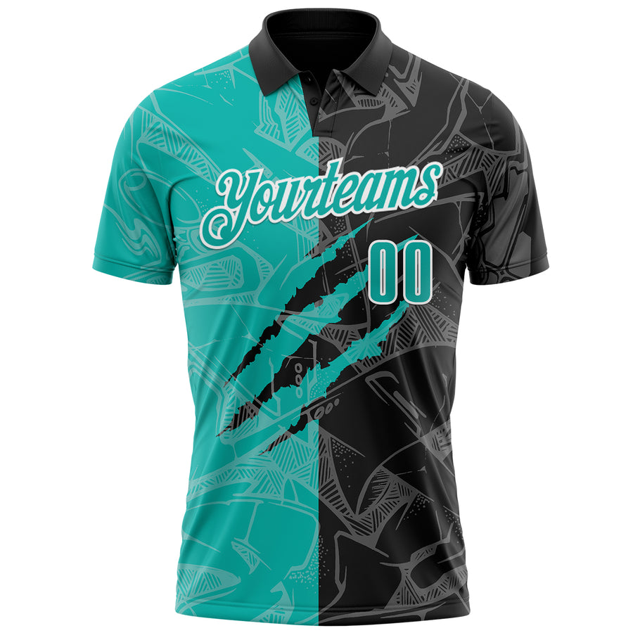 Custom Graffiti Pattern Aqua Black-White 3D Scratch Performance Polo Shirt