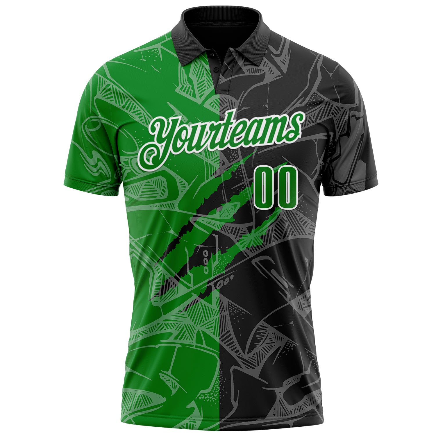 Custom Graffiti Pattern Grass Green Black-White 3D Scratch Performance Polo Shirt